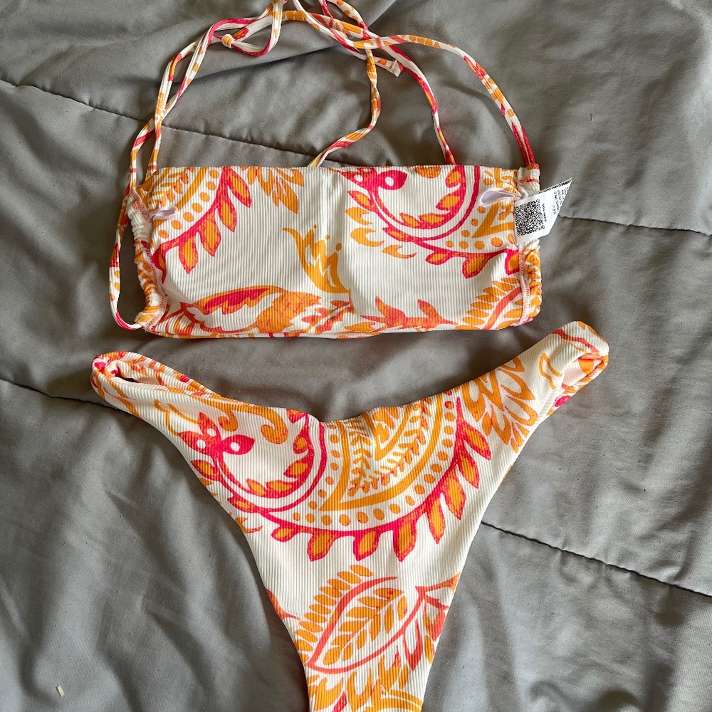 Orange and pink bandana print bikini